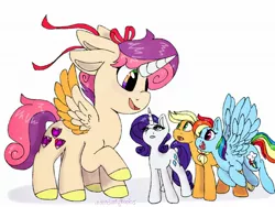Size: 2048x1536 | Tagged: safe, artist:incendiaryboobs, derpibooru import, apple bloom, applejack, rainbow dash, rarity, scootaloo, sweetie belle, alicorn, earth pony, pegasus, pony, unicorn, colored hooves, colored wings, colored wingtips, cutie mark crusaders, female, filly, four ears, fusion, macro, mare, multicolored eyes, multiple legs, multiple limbs, raised hoof, ribbon, siblings, simple background, sisters, six legs, size difference, smiling, spread wings, surprised, the ultimate cutie mark crusader, two toned wings, varying degrees of want, wat, we have become one, what has science done, white background, wings