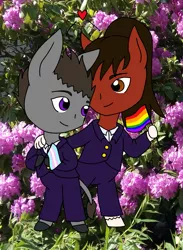 Size: 991x1355 | Tagged: safe, artist:chili19, derpibooru import, oc, oc:patrick, oc:rufus, unofficial characters only, anthro, donkey, earth pony, unguligrade anthro, clothes, earth pony oc, flower, gay, gay pride flag, hoof hold, male, oc x oc, pride, pride flag, shipping, suit, transgender, transgender pride flag