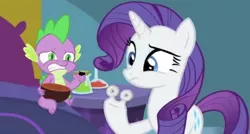 Size: 496x265 | Tagged: safe, derpibooru import, screencap, rarity, spike, dragon, pony, unicorn, ail-icorn, spoiler:interseason shorts, bowl, censored, gritted teeth, looking at something, nervous, rariskate, unnecessary censorship, winged spike