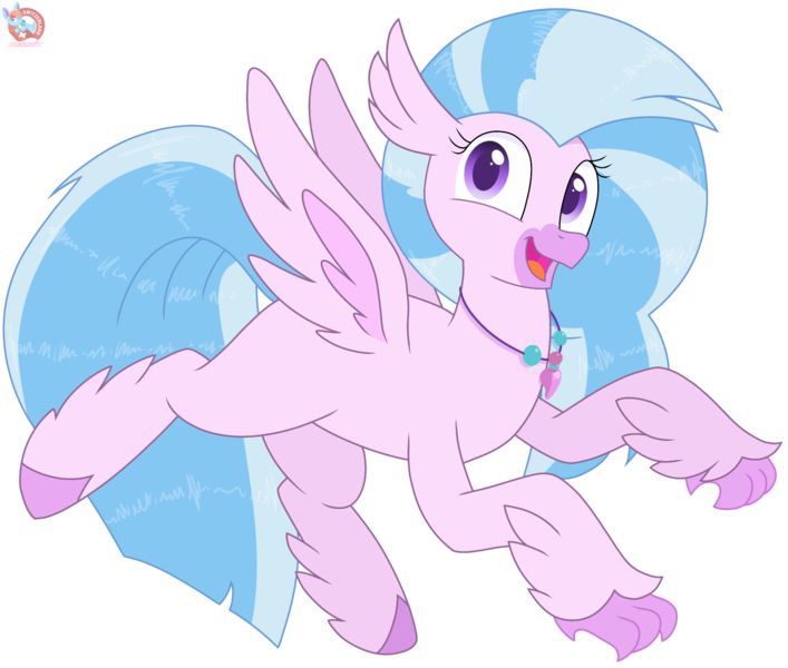 Size: 2292x1946 | Tagged: artist:rainbow eevee, classical hippogriff, cute, daaaaaaaaaaaw, derpibooru import, diastreamies, female, flying, hippogriff, jewelry, looking at you, necklace, open mouth, purple eyes, safe, silverstream, simple background, smiling, smiling at you, solo, spread wings, transparent background, vector, wings