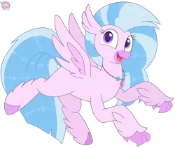 Size: 2292x1946 | Tagged: artist:rainbow eevee, classical hippogriff, cute, daaaaaaaaaaaw, derpibooru import, diastreamies, female, flying, hippogriff, jewelry, looking at you, necklace, open mouth, purple eyes, safe, silverstream, simple background, smiling, smiling at you, solo, spread wings, transparent background, vector, wings