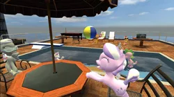 Size: 1024x575 | Tagged: safe, artist:undeadponysoldier, derpibooru import, apple bloom, babs seed, diamond tiara, scootaloo, silver spoon, spike, sweetie belle, dragon, earth pony, pegasus, pony, unicorn, art pack:rooftop pool party, 3d, beach ball, chair, cute, cutie mark crusaders, diving board, female, filly, fun, gmod, happy, jewelry, laughing, male, playing, pool party, pool table, radio, sleeping, super mario odyssey, swimming pool, tiara