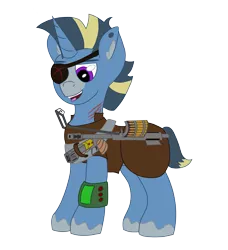 Size: 2941x3226 | Tagged: safe, artist:pugs911, derpibooru import, oc, oc:chinook arch, unofficial characters only, unicorn, fallout equestria, armor, battle saddle, gun, male, pipbuck, scar, simple background, solo, stallion, transparent background, unshorn fetlocks, weapon