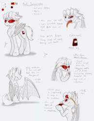 Size: 1051x1353 | Tagged: safe, artist:ravenpuff, deleted from derpibooru, derpibooru import, oc, oc:prof. sanguinem, unofficial characters only, bat pony, pony, albino, bags under eyes, bat pony oc, bat wings, blood, blood pack, cup, drinking, fangs, hoof hold, male, nosebleed, open mouth, red eyes, reference sheet, stallion, sunglasses, text, tongue out, wings