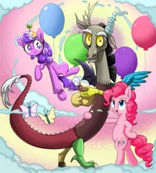 Size: 1437x1600 | Tagged: safe, artist:ce2438, artist:yinglongfujun, derpibooru import, discord, pinkie pie, screwball, butterfly, draconequus, earth pony, pony, balloon, cloud, collaboration, topsy turvy