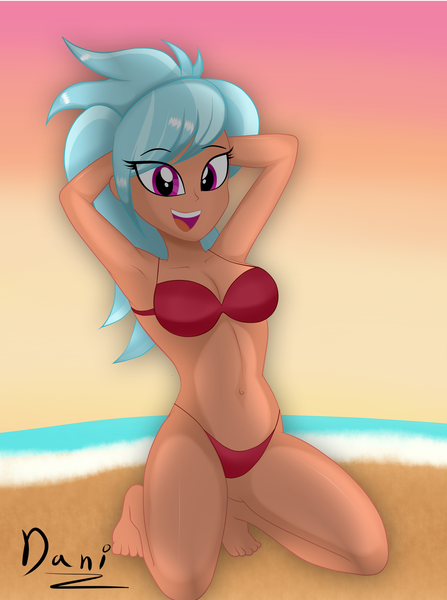 Size: 2097x2817 | Tagged: suggestive, artist:danielitamlp, derpibooru import, frosty orange, equestria girls, armpits, belly, belly button, bikini, breasts, busty frosty orange, cleavage, clothes, female, midriff, sexy, signature, solo, solo female, stupid sexy frosty orange, swimsuit