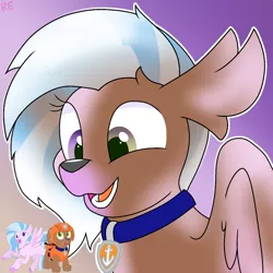 Size: 1250x1250 | Tagged: artist:rainbow eevee, character to character, chocolate lab, collar, cute, derpibooru import, diastreamies, dog, gradient background, hippogriff, male to female, open mouth, paw patrol, rule 63, rule63betes, safe, silverstream, simple background, transformation, transgender transformation, wings, zuma, zuma (paw patrol)