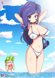 Size: 2067x2923 | Tagged: suggestive, artist:ryured, derpibooru import, rarity, spike, human, arm behind head, armpits, belly button, big breasts, bikini, blood, breasts, busty rarity, cleavage, clothes, digital art, female, humanized, male, nosebleed, seductive look, seductive pose, shipping, sin of lust, sparity, straight, swimsuit