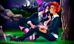 Size: 3460x2050 | Tagged: safe, artist:mauroz, derpibooru import, starlight glimmer, sunburst, human, anime, anime style, blushing, book, castle, clothes, digital art, female, glasses, humanized, looking at each other, male, shipping, starburst, straight, tree