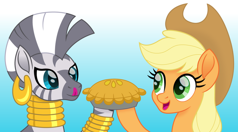 Size: 1618x900 | Tagged: safe, artist:cloudyglow, derpibooru import, applejack, zecora, earth pony, pony, zebra, applejack's hat, bracelet, cowboy hat, duo, ear piercing, earring, female, food, gradient background, hat, jewelry, mare, movie accurate, necklace, pie, piercing, tongue out