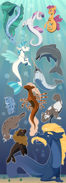 Size: 2000x5500 | Tagged: safe, artist:jackiebloom, derpibooru import, scootaloo, steven magnet, sweetie belle, terramar, dolphin, kelpie, merpony, narwhal, octopus, sea lion, sea pony, sea serpent, seapony (g4), surf and/or turf, bubble, facial hair, female, fins, fish tail, headcanon in the description, jewelry, male, moustache, necklace, ocean, open mouth, seacow, seaponified, seapony scootaloo, seapony sweetie belle, selkie, species swap, story included, swimming, underwater, water