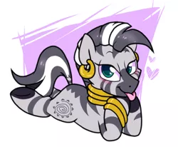 Size: 1094x900 | Tagged: safe, artist:paperbagpony, derpibooru import, zecora, zebra, art pack:zecora appreciation project, :p, bedroom eyes, blushing, bracelet, catchlights, ear piercing, earring, female, heart, highlights, jewelry, looking at you, neck rings, piercing, prone, quadrupedal, simple background, smiling, solo, tongue out, underhoof