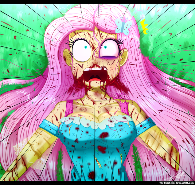 Size: 1976x1866 | Tagged: grimdark, grotesque, artist:the-butch-x, derpibooru import, fluttershy, smile hd, equestria girls, abuse, black eye, blood, breasts, clothes, equestria girls interpretation, flutterbuse, geode of fauna, image, magical geodes, missing teeth, png, redraw, remake, scene interpretation, solo, this will end in parties, torn clothes, vile, why