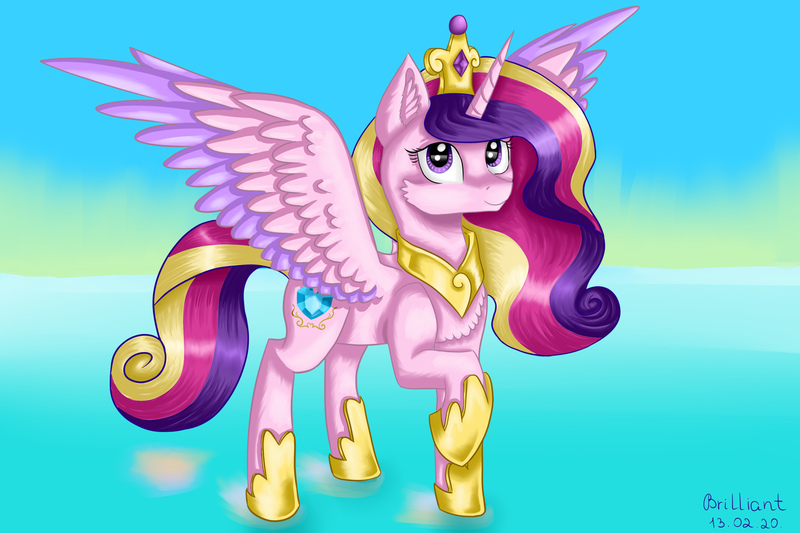 Size: 3000x2000 | Tagged: safe, artist:brilliant-luna, derpibooru import, princess cadance, alicorn, pony, chest fluff, digital art, female, jewelry, looking at you, mare, raised hoof, regalia, smiling, solo, two toned wings, wings