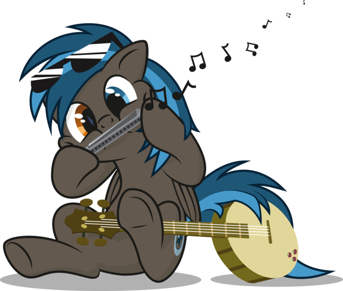 Size: 2000x1698 | Tagged: safe, artist:le-23, derpibooru import, oc, oc:going lucky, unofficial characters only, pegasus, pony, banjo, harmonica, heterochromia, male, music notes, musical instrument, simple background, solo, stallion, sunglasses, transparent background