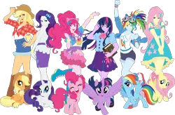Size: 12189x8000 | Tagged: safe, artist:pink1ejack, derpibooru import, kotobukiya, applejack, fluttershy, pinkie pie, rainbow dash, rarity, sci-twi, twilight sparkle, twilight sparkle (alicorn), alicorn, earth pony, human, pegasus, pony, unicorn, equestria girls, absurd resolution, anime style, applejack's hat, backless, bishoujo, book, boots, bracelet, clothes, cowboy hat, dark skin, denim skirt, dress, eyes closed, fake ears, female, glasses, goggles, hat, human ponidox, humane five, humane six, humanized, i can't believe it's not sci-twi, jewelry, kotobukiya applejack, kotobukiya fluttershy, kotobukiya pinkie pie, kotobukiya rainbow dash, kotobukiya rarity, kotobukiya twilight sparkle, looking at you, mane six, mare, miniskirt, moe, one eye closed, open mouth, pleated skirt, ponytail, prone, self ponidox, shirt, shoes, shorts, side slit, simple background, sitting, skirt, smiling, socks, spread wings, stetson, tanktop, transparent background, twilight's professional glasses, vector, wings, wink, wristband