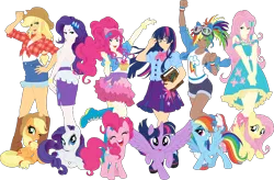 Size: 12189x8000 | Tagged: safe, artist:pink1ejack, derpibooru import, kotobukiya, applejack, fluttershy, pinkie pie, rainbow dash, rarity, sci-twi, twilight sparkle, twilight sparkle (alicorn), alicorn, earth pony, human, pegasus, pony, unicorn, equestria girls, absurd resolution, anime style, applejack's hat, backless, bishoujo, book, boots, bracelet, clothes, cowboy hat, dark skin, denim skirt, dress, eyes closed, fake ears, female, glasses, goggles, hat, human coloration, human ponidox, humane five, humane six, humanized, i can't believe it's not sci-twi, jewelry, kotobukiya applejack, kotobukiya fluttershy, kotobukiya pinkie pie, kotobukiya rainbow dash, kotobukiya rarity, kotobukiya twilight sparkle, looking at you, mane six, mare, miniskirt, moe, one eye closed, open mouth, pleated skirt, ponytail, prone, self ponidox, shirt, shoes, shorts, side slit, simple background, sitting, skirt, smiling, socks, spread wings, stetson, tan, tanktop, transparent background, twilight's professional glasses, vector, wings, wink, wristband