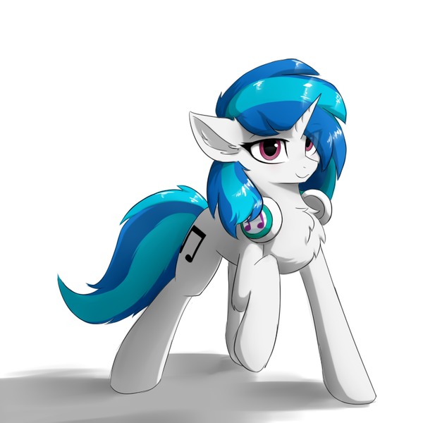 Size: 750x750 | Tagged: safe, artist:d.w.h.cn, derpibooru import, vinyl scratch, pony, unicorn, eye clipping through hair, female, hair over one eye, headphones, looking at you, mare, raised hoof, simple background, smiling, solo, white background