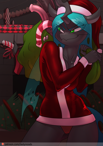 Size: 848x1200 | Tagged: anthro, artist:chrysalisdraws, bag, breasts, christmas, christmas stocking, christmas tree, clothes, costume, derpibooru import, dildo, dress, female, hat, holiday, horsecock dildo, how the grinch stole christmas, mare, mischievous, panties, queen chrysalis, questionable, santa costume, santa hat, sex toy, skirt, smiling, smirk, socks, solo, solo female, stockings, thigh highs, tree, underwear, upskirt
