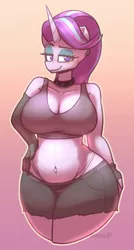 Size: 867x1616 | Tagged: suggestive, artist:puetsua, derpibooru import, starlight glimmer, anthro, unicorn, belly, belly button, bra, breasts, busty starlight glimmer, cleavage, clothes, collar, eyeshadow, female, looking at you, makeup, panties, preglight glimmer, pregnant, shorts, solo, sports bra, thong, underwear, wide hips