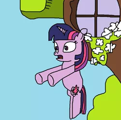 Size: 767x759 | Tagged: safe, artist:logan jones, derpibooru import, twilight sparkle, unicorn, dumped (spongebob squarepants), golden oaks library, meme, ponified meme, reaction image, spongebob squarepants, stuck, unicorn twilight, window