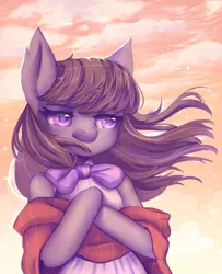 Size: 805x992 | Tagged: safe, artist:cosyosy, derpibooru import, octavia melody, earth pony, semi-anthro, clothes, female, mare, ribbon, solo, sunset