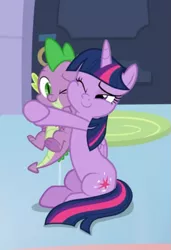 Size: 437x639 | Tagged: safe, derpibooru import, screencap, spike, twilight sparkle, twilight sparkle (alicorn), alicorn, dragon, the ending of the end, cheek squish, cropped, cute, duo, hug, sitting, spikabetes, squishy cheeks, twiabetes, winged spike