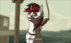Size: 1004x614 | Tagged: safe, artist:aterhut, derpibooru import, oc, oc:blackjack, unofficial characters only, pony, unicorn, fallout equestria, fallout equestria: project horizons, dialogue, execution, fanfic art, first time (meme), hanging (by neck), horn, imminent death, last words, magic suppression, meme, noose, public execution, small horn, solo, text, the ballad of buster scruggs