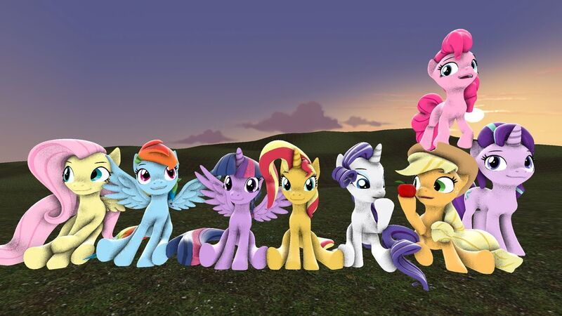 Size: 1280x720 | Tagged: safe, artist:starcrossedpony, derpibooru import, applejack, fluttershy, pinkie pie, rainbow dash, rarity, starlight glimmer, sunset shimmer, twilight sparkle, twilight sparkle (alicorn), alicorn, earth pony, pegasus, pony, unicorn, 3d, alternate mane seven, apple, food, jumping, mane six, revamped ponies, sitting, source filmmaker