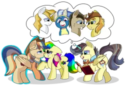 Size: 1280x871 | Tagged: safe, artist:rainbowtashie, author:bigonionbean, derpibooru import, braeburn, doctor whooves, prince blueblood, time turner, wind waker (character), oc, oc:king righteous authority, oc:rainbow tashie, oc:spicy cider, alicorn, earth pony, pegasus, pony, unicorn, alicorn oc, book, bowtie, butt, clothes, collar, commissioner:bigonionbean, cowboy hat, crying, cutie mark, dawwww, fusion, fusion:king righteous authority, fusion:spicy cider, hat, horn, jumpsuit, kissing, love, loving embrace, magic, male, nintendo 64, simple background, stallion, stetson, tears of joy, teary eyes, thought bubble, tongue out, transparent background, uniform, wings, wonderbolts, wonderbolts uniform