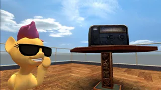 Size: 1024x575 | Tagged: safe, artist:undeadponysoldier, derpibooru import, scootaloo, pegasus, pony, art pack:rooftop pool party, 3d, cute, cutealoo, female, filly, gmod, radio, smiling, solo, sunglasses, super mario odyssey, table