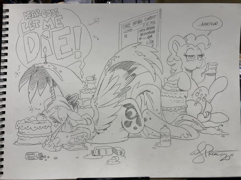 Size: 2048x1536 | Tagged: safe, artist:andypriceart, derpibooru import, idw, pinkie pie, princess luna, alicorn, earth pony, pony, spoiler:comic, belly, bloated, cake, female, food, mare, pencil drawing, pepto bismol, stuffed, traditional art, tums