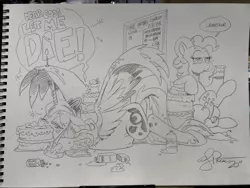 Size: 2048x1536 | Tagged: safe, artist:andypriceart, derpibooru import, idw, pinkie pie, princess luna, alicorn, earth pony, pony, spoiler:comic, belly, bloated, cake, female, food, mare, pencil drawing, pepto bismol, stuffed, traditional art, tums