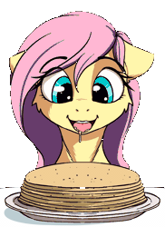 Size: 1390x1913 | Tagged: safe, artist:alcor, derpibooru import, fluttershy, pegasus, pony, animated, blini, bust, cheek fluff, crepe, cute, drool, eye shimmer, eyes on the prize, female, floppy ears, food, gif, mare, pancakes, portrait, shyabetes, simple background, solo, tongue out, white background