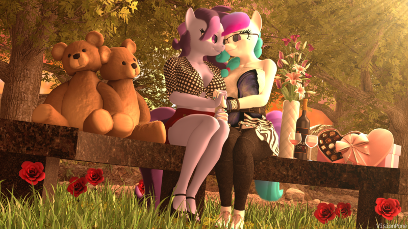 Size: 3840x2160 | Tagged: safe, artist:vision, derpibooru import, oc, oc:aurora starling, oc:raven storm, unofficial characters only, anthro, earth pony, 3d, chocolate, clothes, cute, daaaaaaaaaaaw, flower, food, forest, forest background, glasses, grass, oc x oc, rose, shipping, source filmmaker, stone, teddy bear, toy, tree, vine