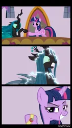 Size: 1288x2282 | Tagged: safe, derpibooru import, edit, edited screencap, editor:teren rogriss, screencap, pinkie pie, queen chrysalis, twilight sparkle, twilight sparkle (alicorn), alicorn, changeling, changeling queen, pony, comic, electrocution, female, floppy ears, green eyes, grin, gritted teeth, hooves, horn, joy buzzer, mare, screencap comic, shocker, smiling, wings