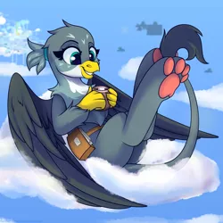 Size: 1500x1500 | Tagged: safe, artist:shadowreindeer, derpibooru import, gabby, gryphon, chest fluff, chocolate, cloud, female, food, hot chocolate, leaning back, on a cloud, paw pads, paws, sitting, sitting on cloud, sky, solo, toe beans, underpaw