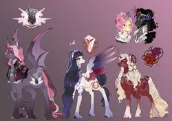 Size: 4261x3000 | Tagged: safe, artist:bunnari, derpibooru import, fluttershy, king sombra, oc, oc:blood love, oc:calla lilith, oc:seraphim allure, unofficial characters only, alicorn, bat pony, bat pony alicorn, pegasus, pony, unicorn, alicorn oc, bat pony oc, bat wings, fangs, female, gradient background, horn, male, mare, offspring, parent:fluttershy, parent:king sombra, parents:sombrashy, shipping, sombrashy, stallion, straight, unshorn fetlocks, wings