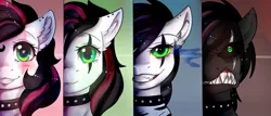 Size: 1280x549 | Tagged: safe, artist:highroller, artist:kao-chou, derpibooru import, oc, oc:emala jiss, unofficial characters only, pegasus, pony, angry, collar, colored pupils, colored sclera, digital art, female, grin, heart eyes, mare, pegasus oc, scar, simple background, smiling, solo, teeth, wingding eyes, wings