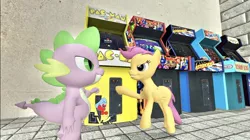 Size: 1024x575 | Tagged: 3d, arcade, arcade game, artist:undeadponysoldier, asteroids, best friends, brofist, competition, derpibooru import, donkey kong, duo, female, filly, galaga, gm construct, gmod, hoofbump, male, marvel vs capcom, one on one, pac-man, safe, scootaloo, smiling, spike