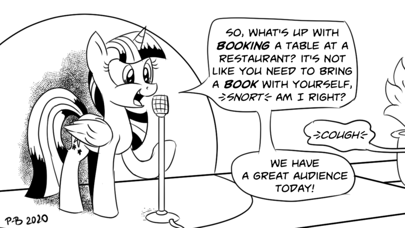 Size: 1200x675 | Tagged: safe, artist:pony-berserker, derpibooru import, twilight sparkle, twilight sparkle (alicorn), alicorn, pony, bad joke, black and white, book, crosshatch, cute, female, grayscale, mare, microphone, monochrome, offscreen character, plant, pony-berserker's twitter sketches, pun, simple background, sketch, solo, speech bubble, spotlight, stand-up comedy, that pony sure does love books, twiabetes, white background