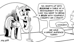 Size: 1200x675 | Tagged: safe, artist:pony-berserker, derpibooru import, twilight sparkle, twilight sparkle (alicorn), alicorn, pony, bad joke, black and white, book, crosshatch, cute, female, grayscale, mare, microphone, monochrome, offscreen character, plant, pony-berserker's twitter sketches, pun, simple background, sketch, solo, speech bubble, spotlight, stand-up comedy, that pony sure does love books, twiabetes, white background