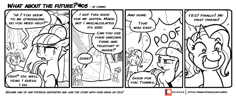 Size: 1600x655 | Tagged: safe, artist:lummh, derpibooru import, limestone pie, luster dawn, earth pony, pony, unicorn, comic:what about the future, the last problem, alternate hairstyle, black and white, comic, female, glowing horn, grayscale, grin, horn, implied maud pie, mare, monochrome, poof, ribbon, rock, simple background, smiling, speech bubble, teleportation, white background