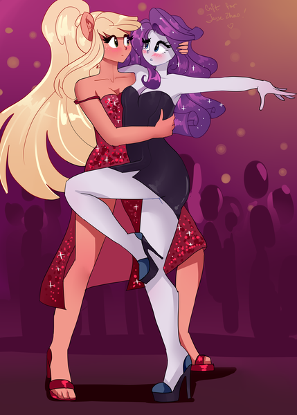 Size: 2862x4000 | Tagged: safe, artist:xjenn9, derpibooru import, applejack, rarity, equestria girls, armpits, black dress, blushing, clothes, dancing, dress, female, high heels, lesbian, pink background, pony ears, ponytail, rarijack, shipping, shoes, simple background, strapless