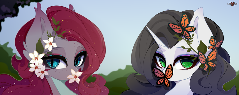 Size: 3006x1200 | Tagged: safe, artist:xsatanielx, derpibooru import, oc, oc:enya lunar eclipse, oc:reinina hazard, unofficial characters only, bat pony, butterfly, pony, unicorn, bat pony oc, bat wings, female, mare, rcf community, shiny, wings