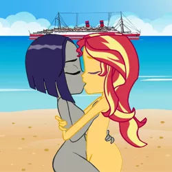 Size: 768x768 | Tagged: artist needed, suggestive, derpibooru import, sunset shimmer, equestria girls, beach, breasts, crossover, crossover shipping, female, kissing, lesbian, nudity, raven (teen titans), shimrav, ship, shipping, teen titans