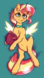 Size: 1008x1776 | Tagged: safe, artist:silverst, derpibooru import, sunset shimmer, alicorn, pony, unicorn, alicornified, behaving like a cat, bell, bell collar, belly button, body pillow, cat bell, chest fluff, collar, cute, female, fiery shimmer, fiery wings, mare, nyanset shimmer, race swap, shimmerbetes, shimmercorn, solo, tongue out, whiskers, wings, yarn, yarn ball