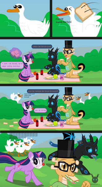 Size: 1678x3061 | Tagged: safe, artist:wheatley r.h., derpibooru import, oc, oc:myoozik the dragon, oc:twi clown, oc:w. rhinestone eyes, unofficial characters only, bird, changeling, dragon, duck, pony, unicorn, apple, bat wings, blue changeling, bread, bush, changeling oc, clothes, clown makeup, comic, cutie mark, cutie mark on clothes, dragon oc, fear, female, food, glasses, gritted teeth, hat, honeypot changeling, juice, juice box, magic, male, mare, mountain, mouth hold, open mouth, picnic, run for your lives, running, sandwich, sharp teeth, shirt, sitting, soda, spanish, spanish text, speech bubble, teeth, telekinesis, tongue out, top hat, translated in the description, vector, watermark, wings