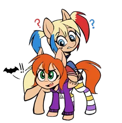 Size: 935x947 | Tagged: safe, artist:higgly-chan, artist:icey-wicey-1517, color edit, derpibooru import, edit, ponified, bat, bat pony, earth pony, pony, barbara gordon, bat ponified, bat signal, batgirl, bipedal, clothes, colored, crossover, dc comics, dc superhero girls, female, harley quinn, hoodie, jacket, lineart, mare, open mouth, pigtails, question mark, race swap, raised hoof, raised leg, simple background, sketch, socks, striped socks, transparent background, twintails