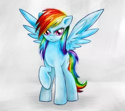 Size: 680x606 | Tagged: safe, artist:munadrake, derpibooru import, rainbow dash, pegasus, pony, backwards cutie mark, badass, female, looking at you, mare, raised hoof, simple background, solo, spread wings, wings